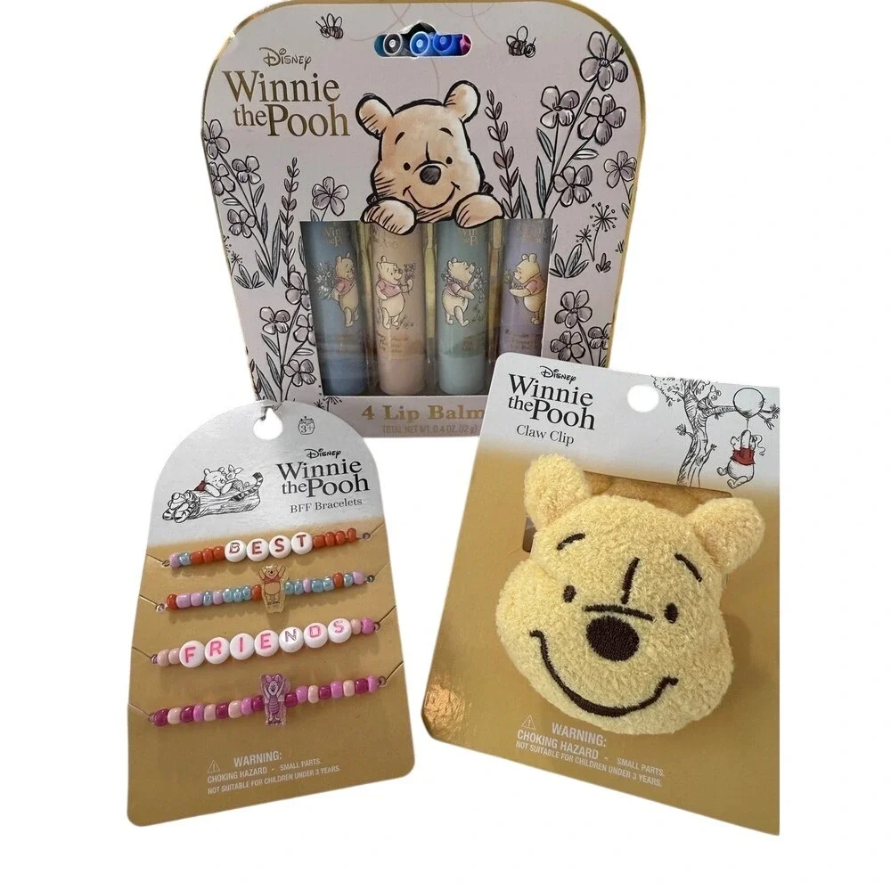Disney Winnie the Pooh Lip Balm 4-Pack Plush Claw Clip & BFF Bracelet Set NEW‎
